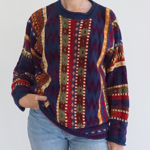 Vintage IVY Multi-Colour Pattern Knit Sweater Geometric Stripe Eclectic Coogie M - Picture 1 of 9
